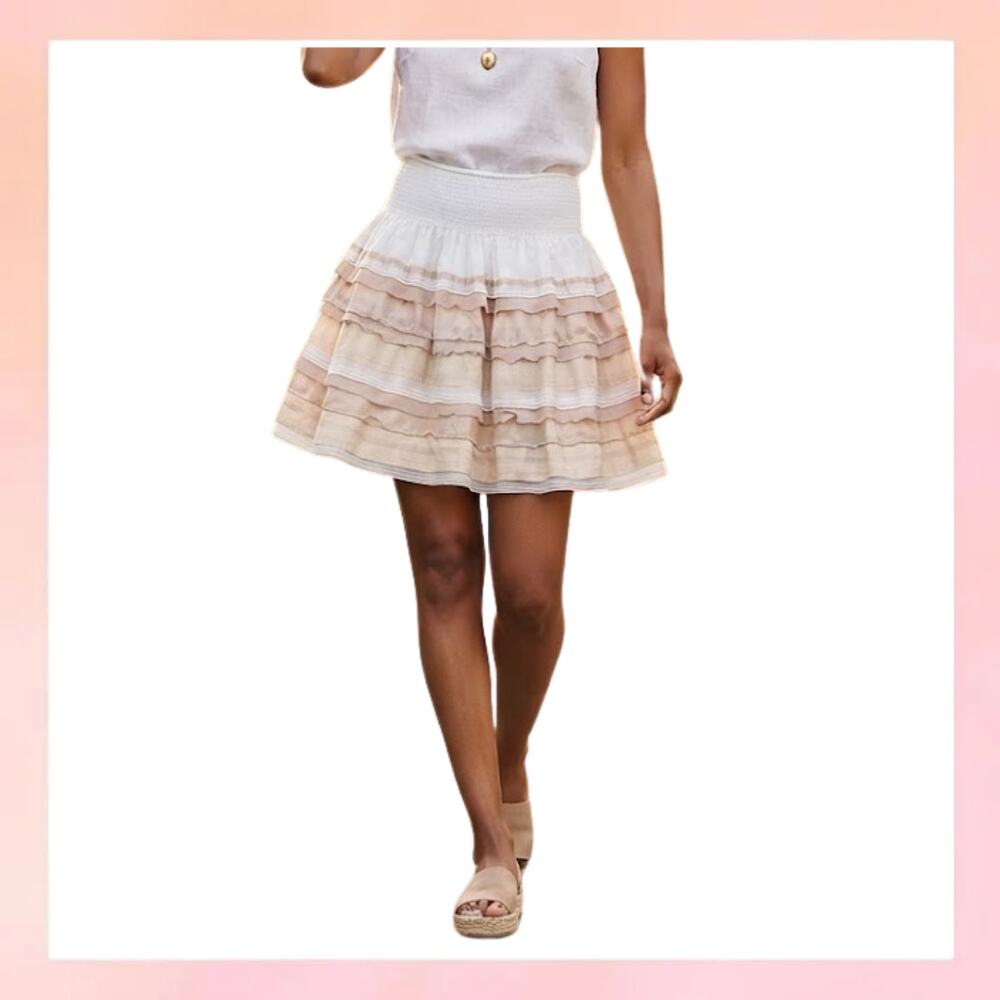 White House Black Market Tiered Ruffle Smocked Waist Mini Skirt Neutral Size M